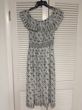 Women's White, Green & Blue Floral Off-Shoulder Midi Dress